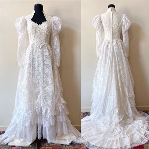 VTG 70s Tiered Lace Wedding Dress Small Puff Sleeves Edwardian Victorian Boho